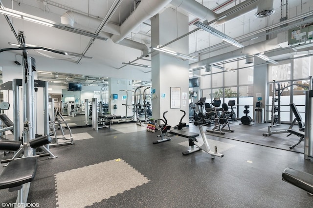 exercise room featuring a high ceiling