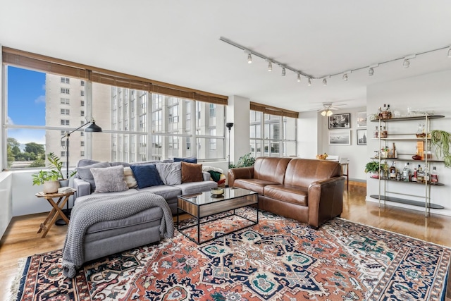 living room with ceiling fan, wood-type flooring, and a healthy amount of sunlight