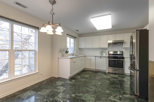 kitchen featuring stainless steel appliances, backsplash, hanging light fixtures, white cabinets, and sink