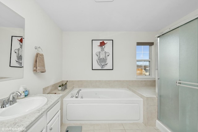 bathroom with vanity, separate shower and tub, and tile patterned flooring