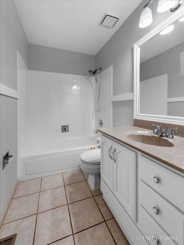 full bathroom with toilet, vanity, shower / bathtub combination, and tile patterned floors