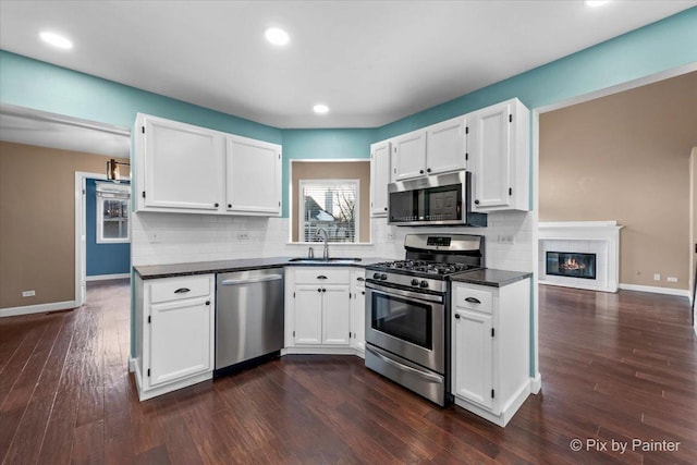 kitchen featuring white cabinets, dark wood-type flooring, sink, and stainless steel appliances