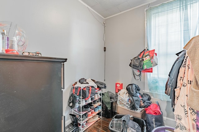 miscellaneous room with dark hardwood / wood-style flooring and crown molding