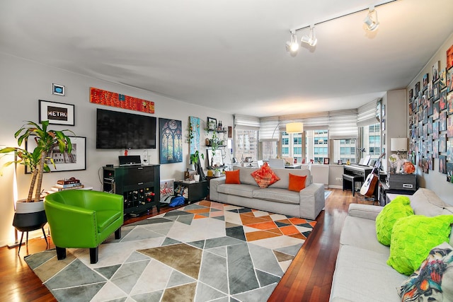 living room with track lighting and light wood-type flooring