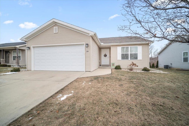 ranch-style home featuring a garage, a front lawn, and central air condition unit