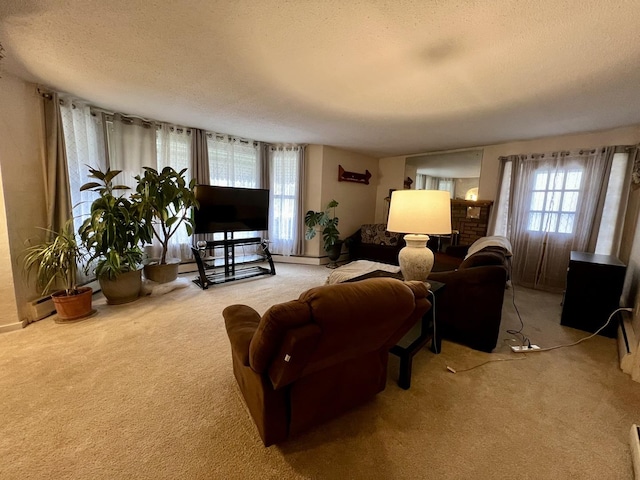 living room with carpet floors and a textured ceiling