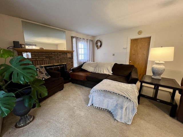 living room featuring light carpet and a fireplace