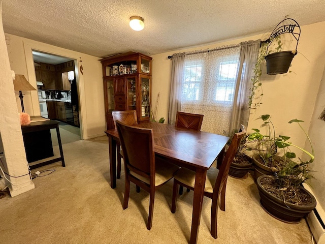 carpeted dining area featuring a textured ceiling