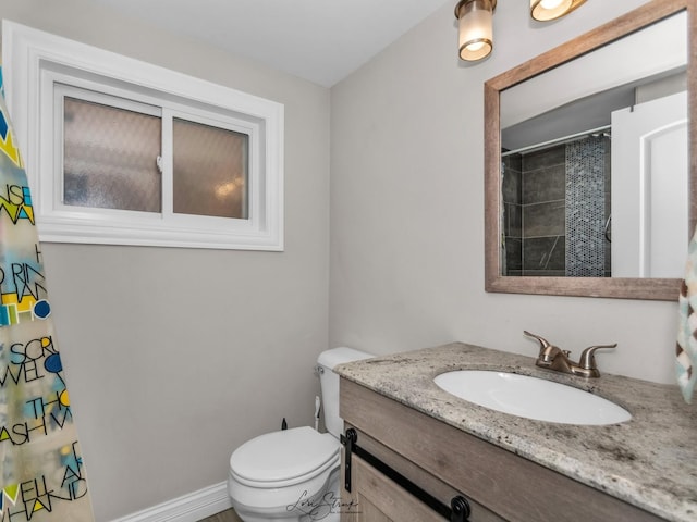 bathroom featuring toilet, vanity, and a shower with shower curtain