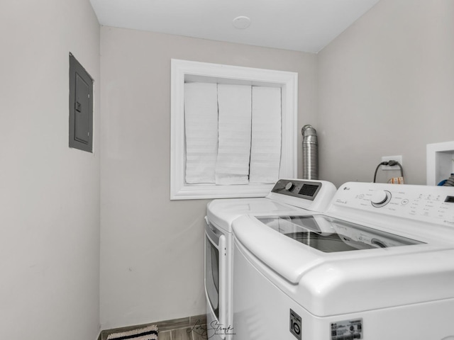 laundry room featuring electric panel and washing machine and clothes dryer