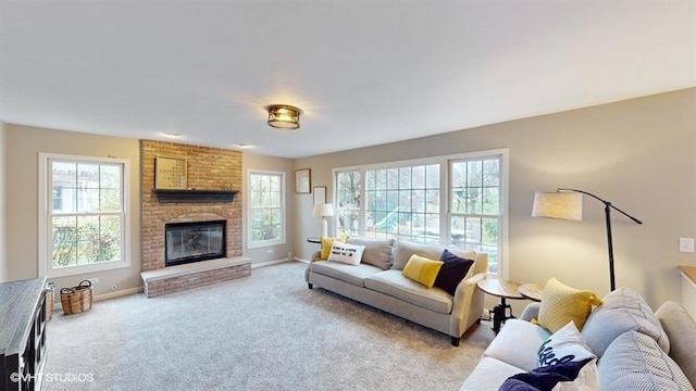 living room with a fireplace and light carpet