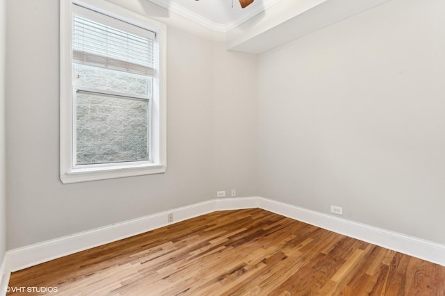 spare room with hardwood / wood-style flooring, ceiling fan, and ornamental molding