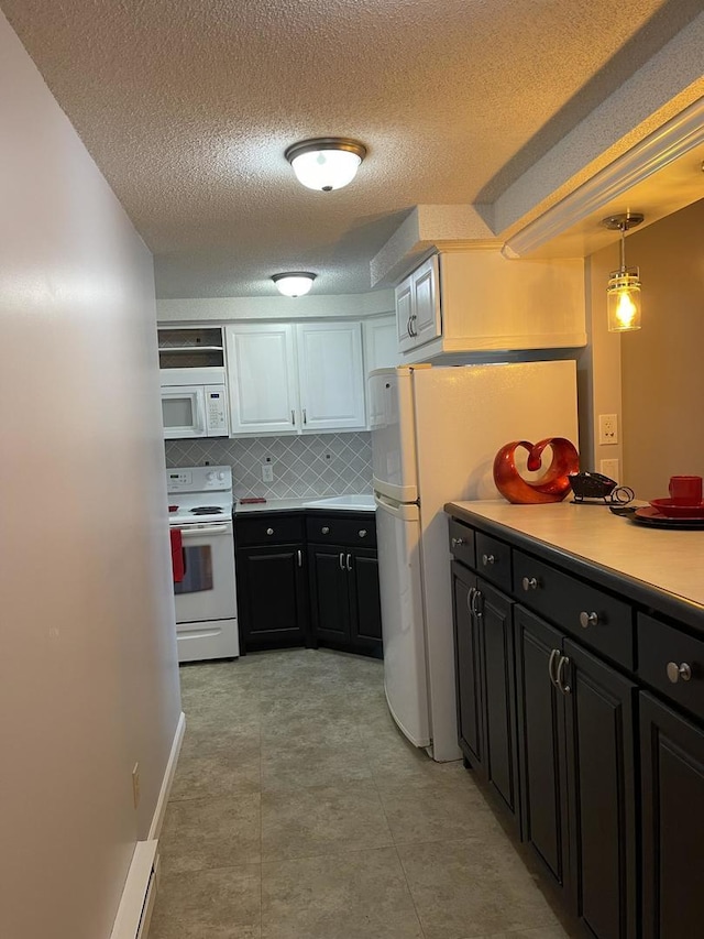 kitchen featuring white cabinetry, tasteful backsplash, decorative light fixtures, white appliances, and a textured ceiling