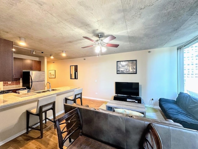 living room featuring sink, light wood-type flooring, ceiling fan, and rail lighting