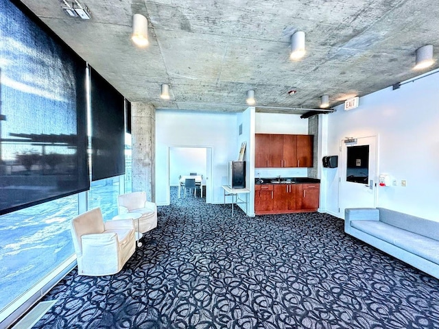 unfurnished living room with sink and dark colored carpet