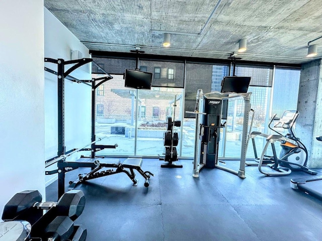 workout area with a wall of windows