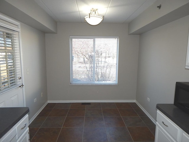 unfurnished dining area with dark tile patterned floors