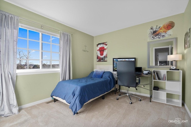 bedroom with light carpet