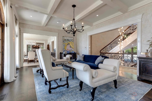 living room with dark wood-type flooring, coffered ceiling, a chandelier, and beam ceiling