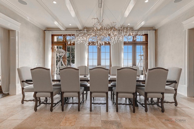 dining room with crown molding and beam ceiling