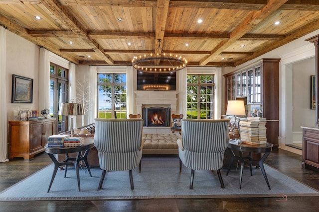 living area featuring a notable chandelier, dark wood-type flooring, wooden ceiling, and beamed ceiling