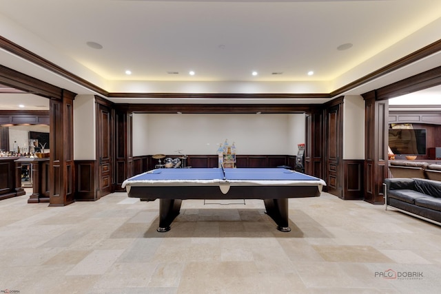 playroom with a tray ceiling, billiards, and decorative columns