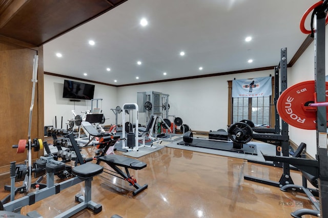 exercise room with ornamental molding