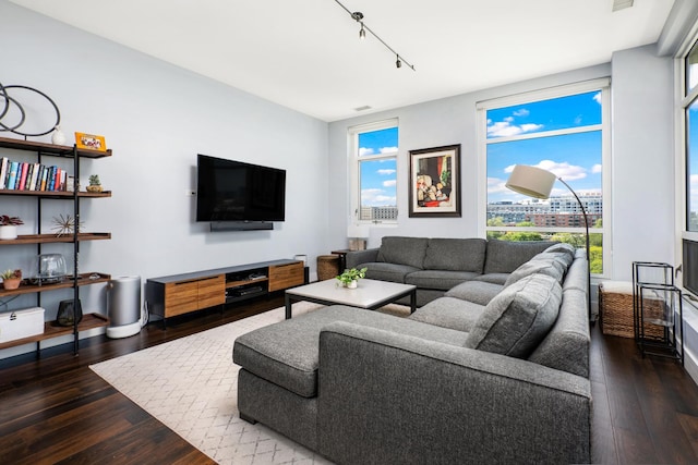 living room with dark wood-type flooring and rail lighting