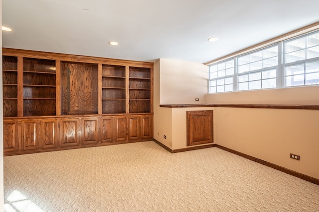 interior space with light carpet and built in features