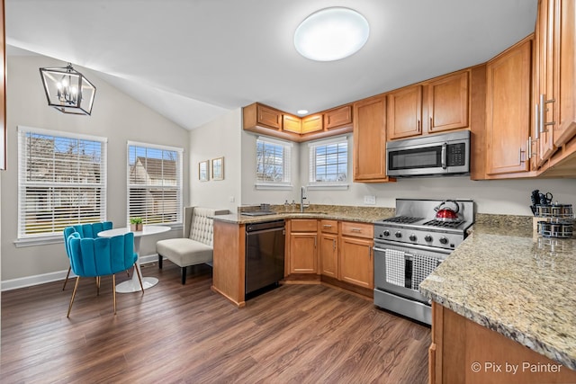 kitchen featuring appliances with stainless steel finishes, dark wood-type flooring, a chandelier, light stone counters, and sink