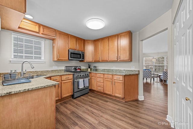 kitchen with light stone countertops, appliances with stainless steel finishes, dark hardwood / wood-style floors, and sink