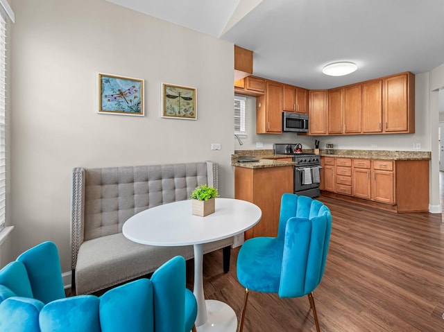 kitchen featuring vaulted ceiling, dark wood-type flooring, stainless steel appliances, and dark stone counters