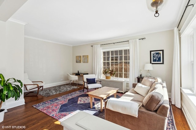 living area featuring ornamental molding, plenty of natural light, wood finished floors, and baseboards