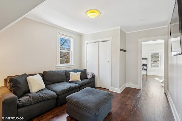 living area featuring dark wood-style floors, crown molding, a wealth of natural light, and baseboards