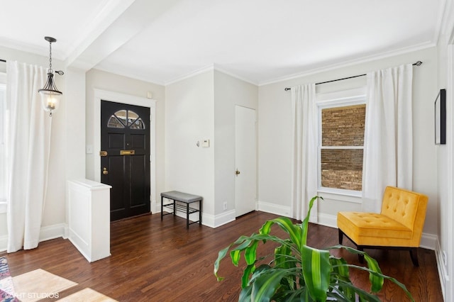 entryway with dark wood-style floors, baseboards, and ornamental molding