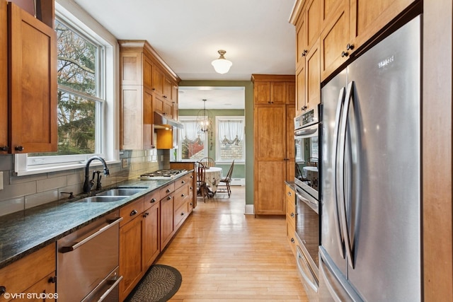 kitchen with light wood-style flooring, under cabinet range hood, a sink, appliances with stainless steel finishes, and tasteful backsplash