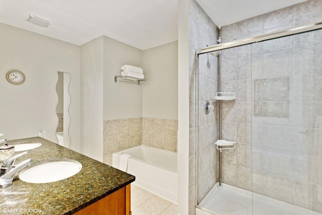 bathroom with visible vents, a stall shower, tile patterned flooring, and a bath