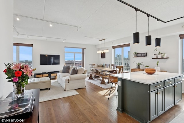 interior space featuring pendant lighting, light countertops, gray cabinetry, a kitchen island, and wood finished floors