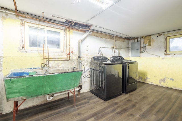 clothes washing area featuring washing machine and dryer, electric panel, dark wood-type flooring, and sink