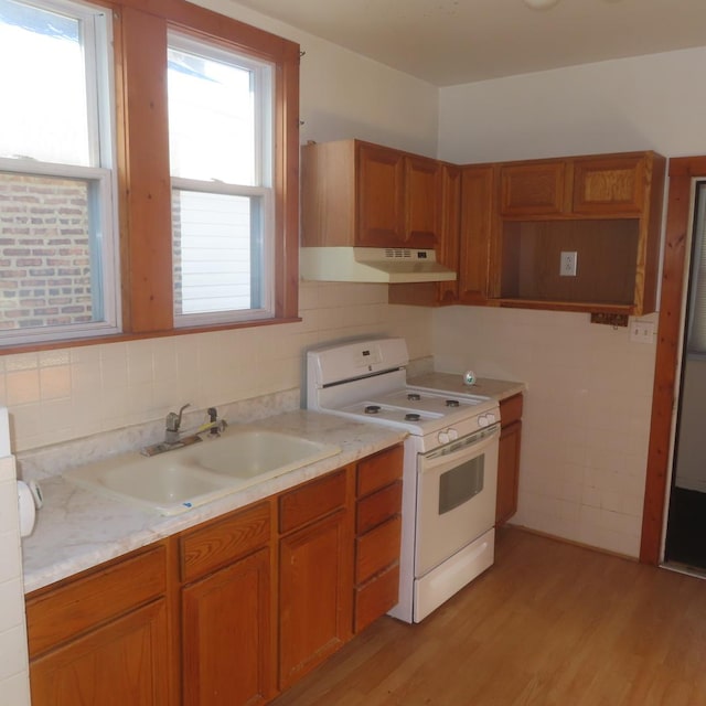 kitchen featuring electric stove, a wealth of natural light, light hardwood / wood-style flooring, and sink