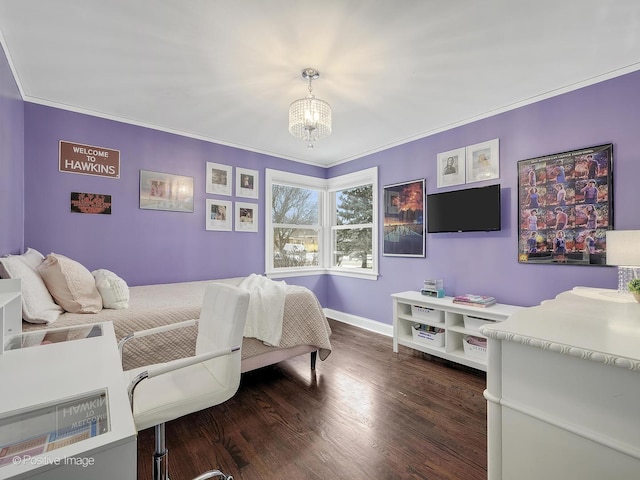 bedroom with dark wood-type flooring, crown molding, and a notable chandelier