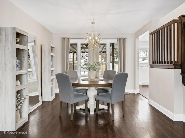 dining area with a notable chandelier and dark wood-type flooring