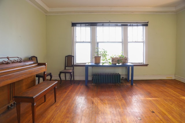 miscellaneous room with hardwood / wood-style floors, radiator heating unit, and crown molding