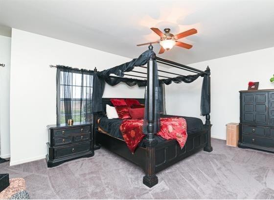 521 E 2700 N Rd, Deland, IL 61839 - bedroom with ceiling fan and carpet floors