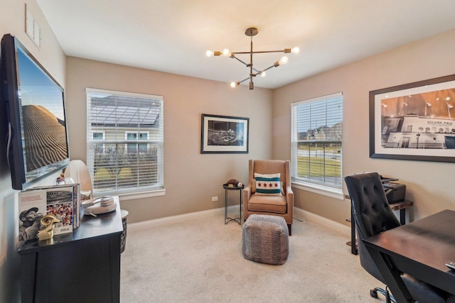 carpeted office featuring a notable chandelier