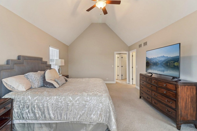 carpeted bedroom with lofted ceiling and ceiling fan