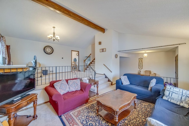 living room featuring a textured ceiling, light carpet, lofted ceiling with beams, and a chandelier