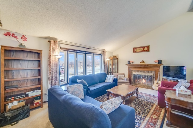 carpeted living room featuring a textured ceiling, vaulted ceiling, and a brick fireplace