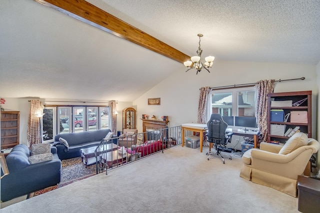 carpeted living room with a textured ceiling, an inviting chandelier, and lofted ceiling with beams