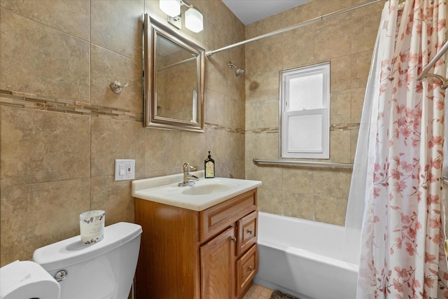 full bathroom with shower / bathtub combination with curtain, vanity, tile walls, and toilet